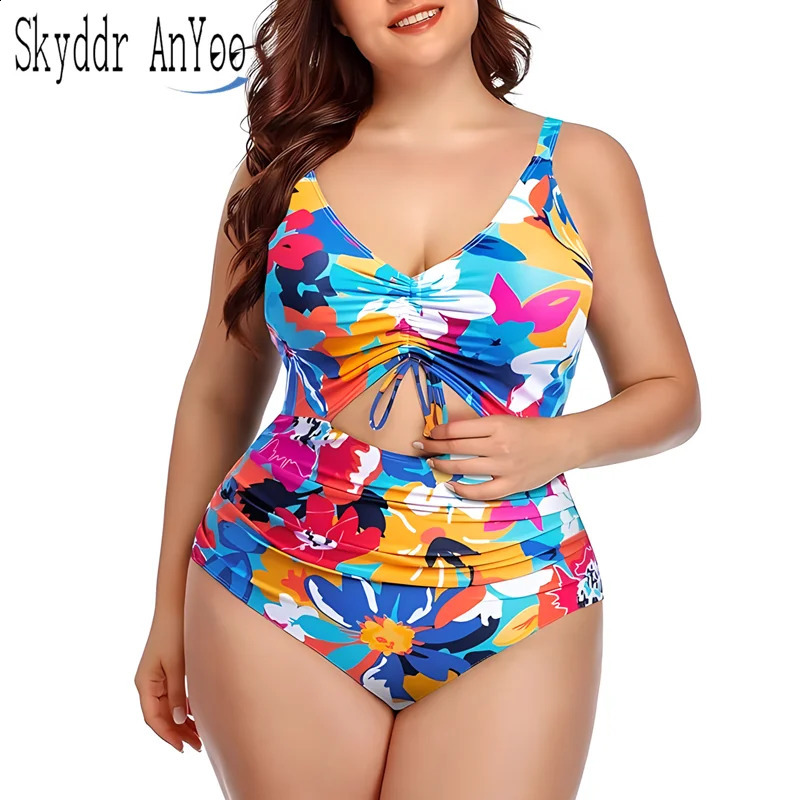 Floral Printed Women Plus Size Swimsuits Cutout Tummy Control Sexy Swimwear Female Monokini Bathing Suit 250528