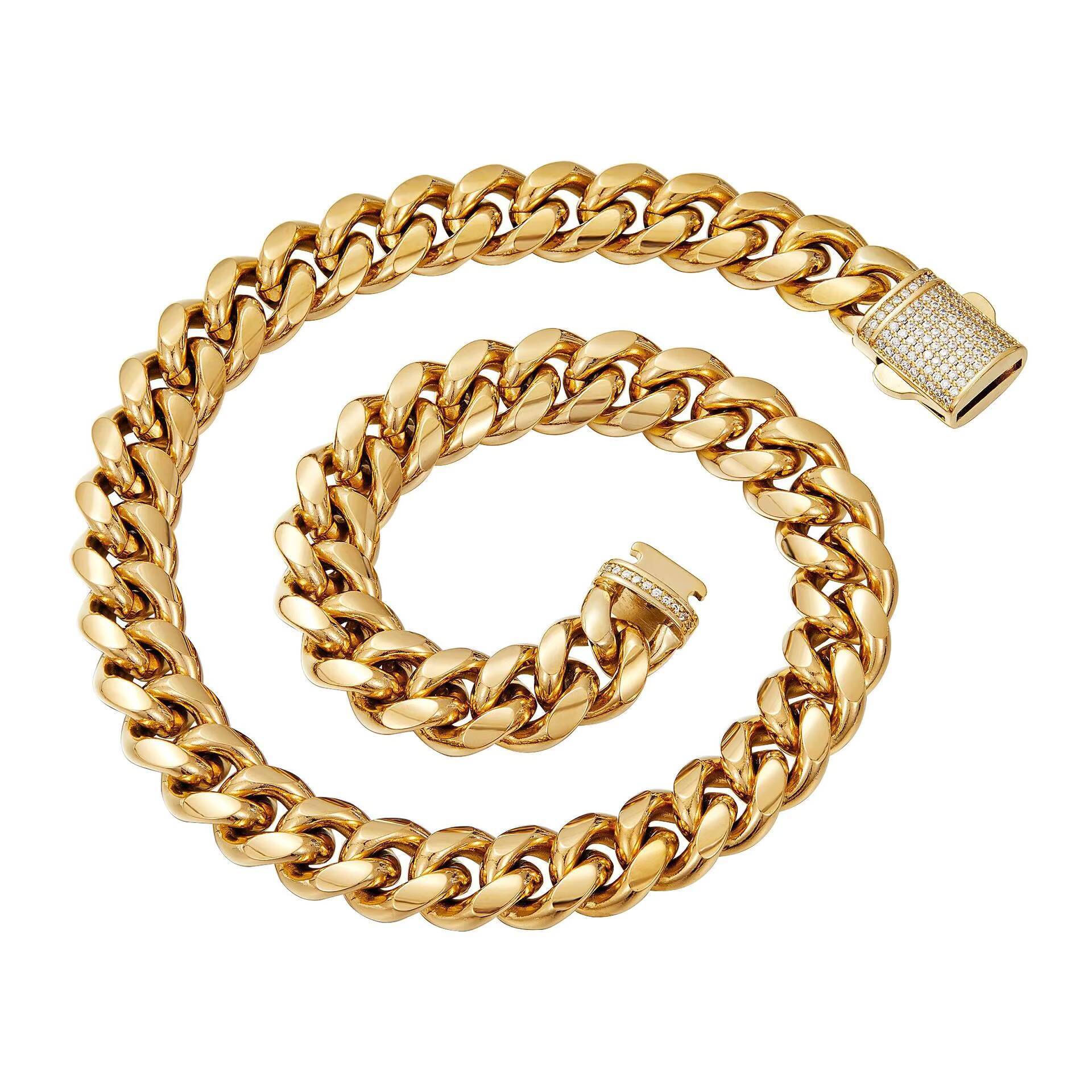 Men's Miami Cuban Chain Gold Stainless Steel Roadedge and Straight Zipper Necklace