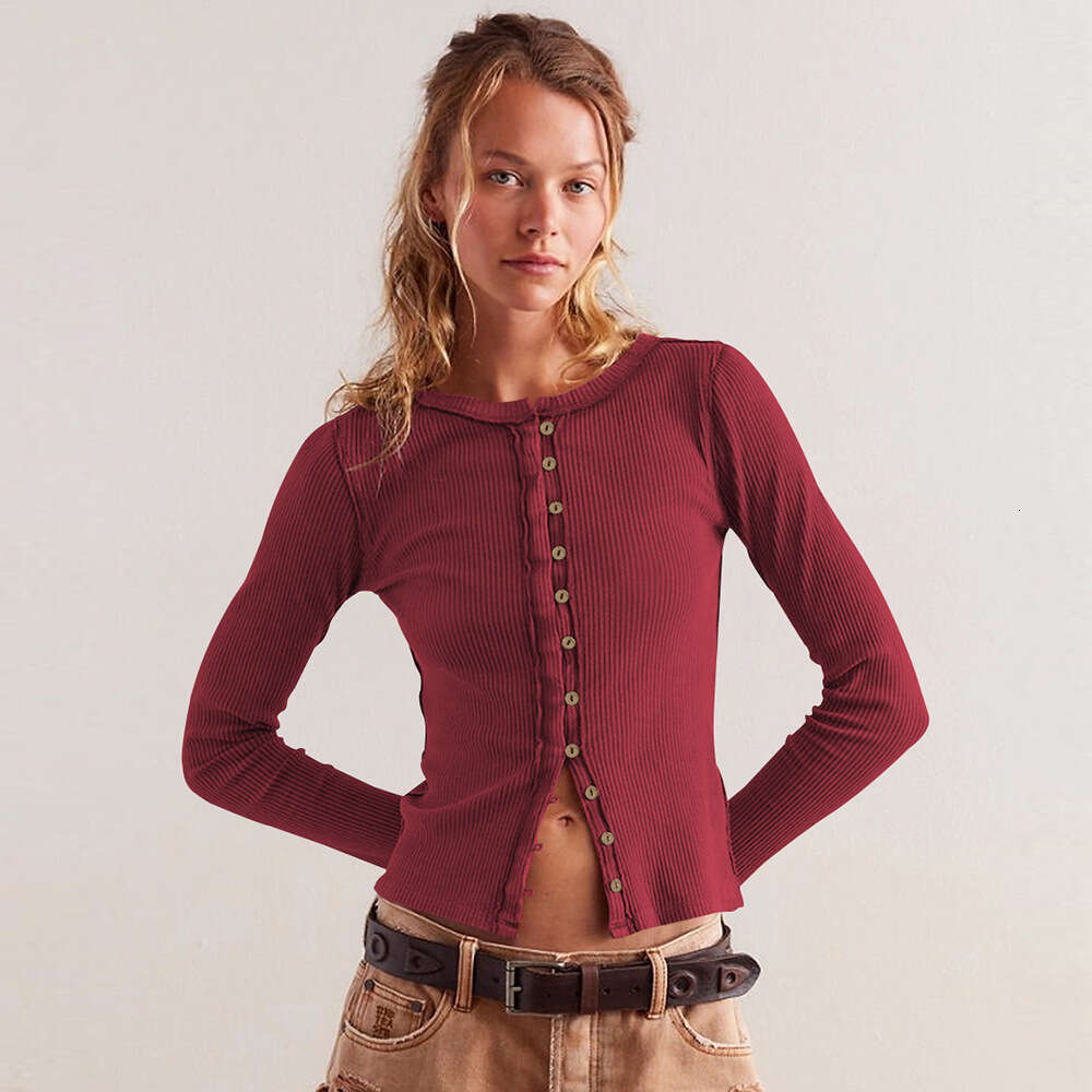 Fashion 2025 Women's Long Sleeve Round Neck Button Ribbed Solid Color Autumn Winter Warm Cardigan Jacket for Women