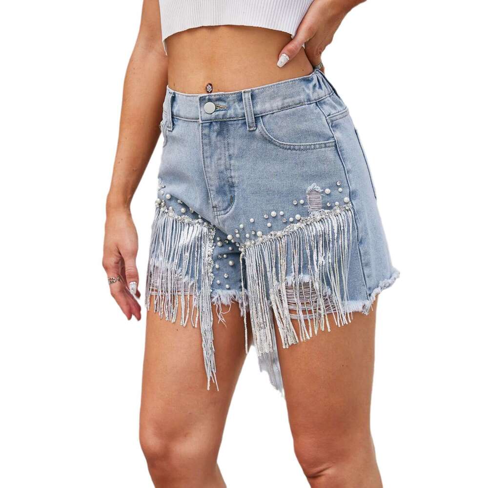 Denim Shorts Jeans Shorts Summer New Washed Rhinestone Beaded Denim Shorts With Fringes Hot Pants Ripped Short Jeans