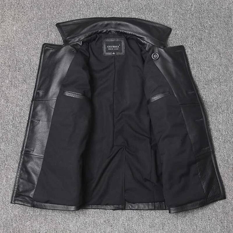 Genuine Leather Top Layer Cowhide Mid-Length Men's Lapel Windbreaker Slim-Fit Jacket Double-Breasted