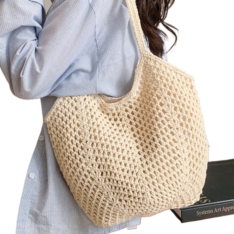 designer Cotton Rope Woven Bag for Women, Summer New Large Capacity Hollow Beach Bag, Casual Style Shoulder Tote Bag