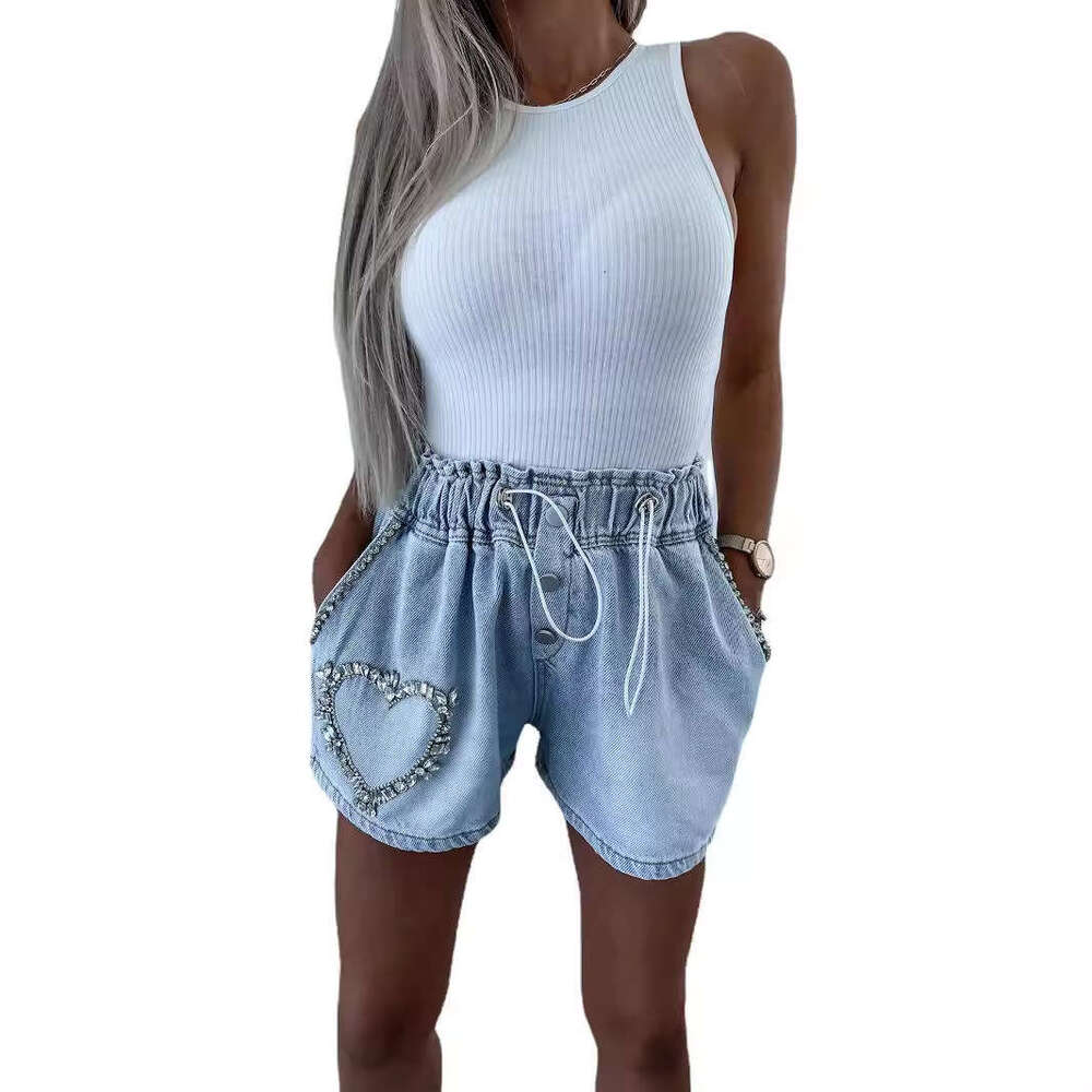 Denim Shorts Jeans Shorts Summer Autumn Fashion Casual Elastic Waist Handmade Rhinestone Decorated Elegant Women S Denim Shorts Ripped Short Jeans
