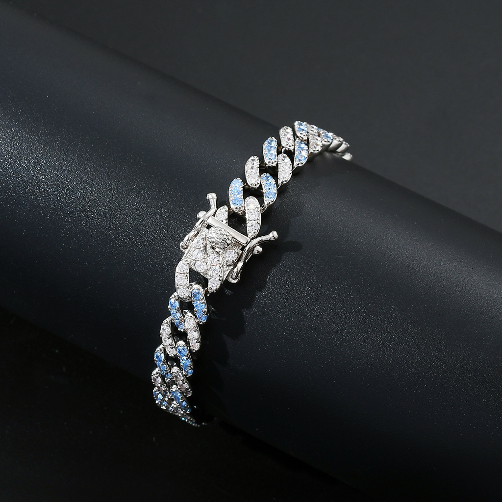 BRACELET 9mm single row blue and white Moissanite micro inlaid Cuban bracelet mens and womens simple hip hop accessories moissanite