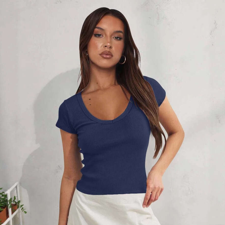 New Solid Color Slim Fit Cropped Sleeve Top Summer Short T-Shirt V-Neck Ribbed Knit Women's Clothing