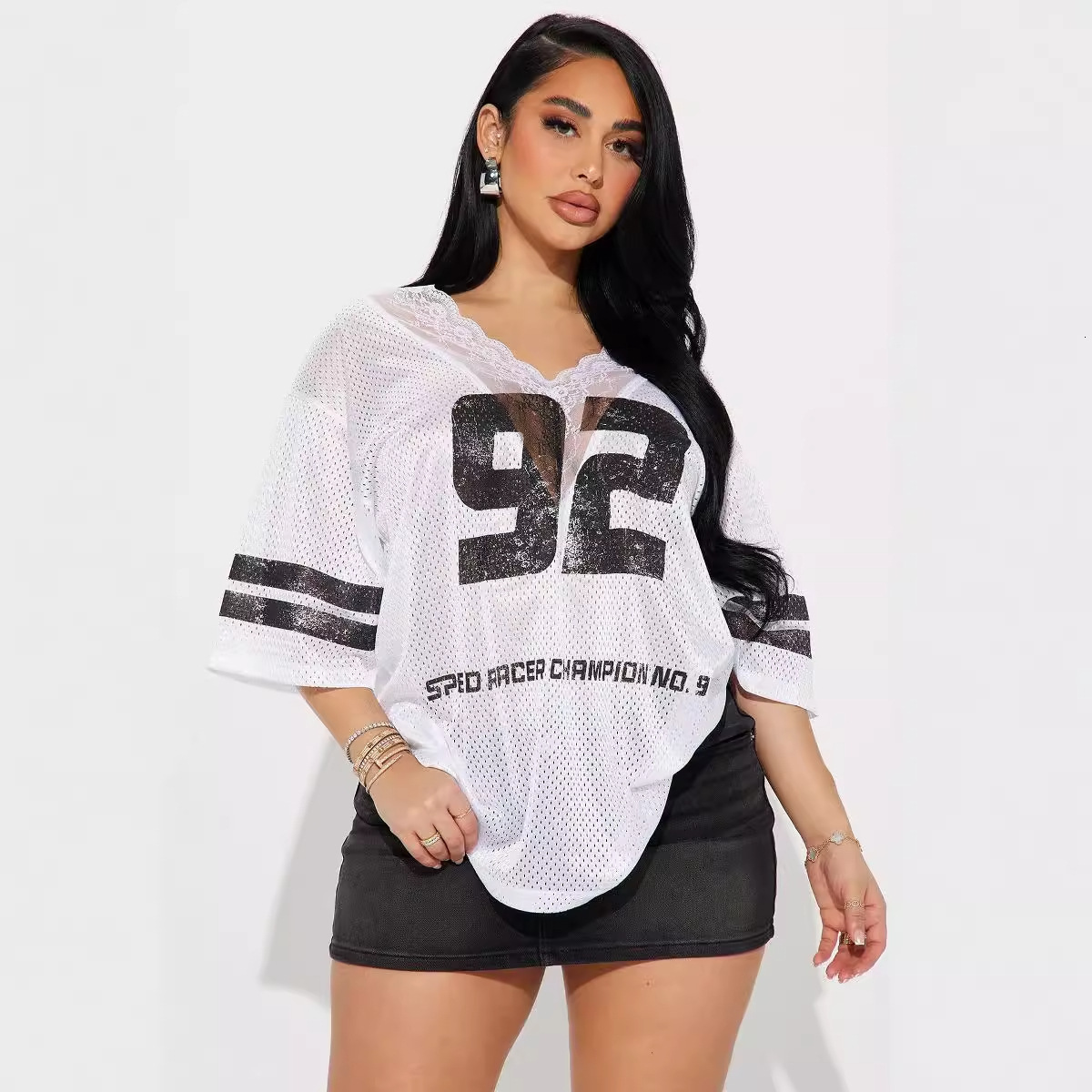 Designer T Shirt Summer New European And American V Neck Lace Print Loose Casual Fashion Jersey T Shirt Versatile Short Sleeve Women Essentials Summer