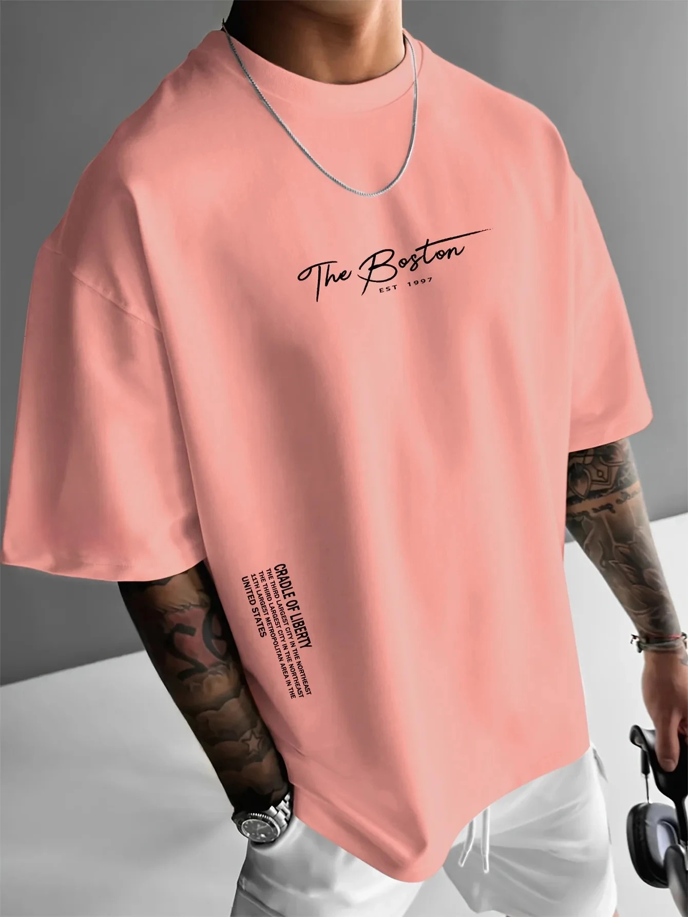 Mens Casual Fashion T-shirt Printed Cotton Boston Slogan Letter Crew Jumper Summer Daily Outdoor Sports Leisure Sports 250530