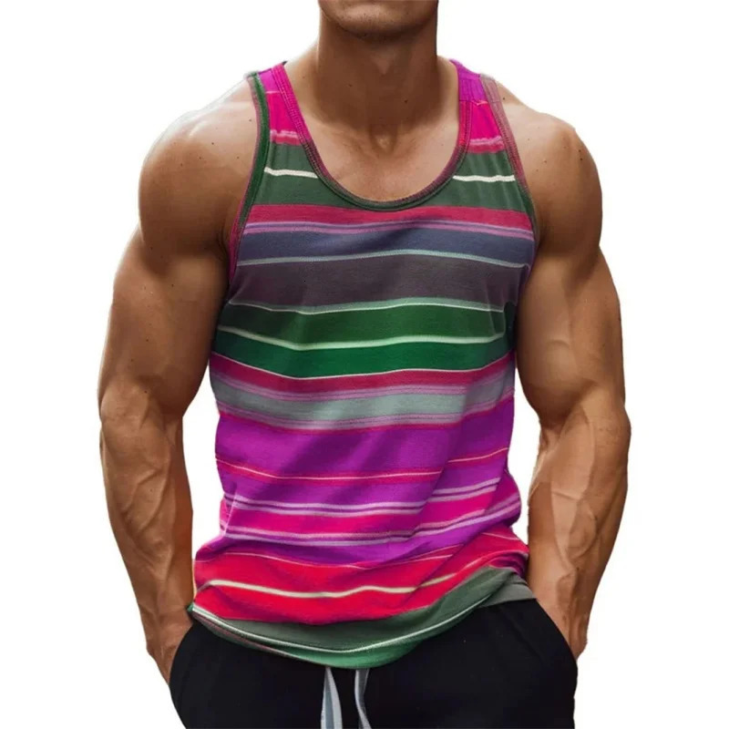 3D Printed Colorful Stripes Tank Tops For Man Gradient Pattern Tees Summer Casual Fashion Vest Oversized Sports Street Top 250527