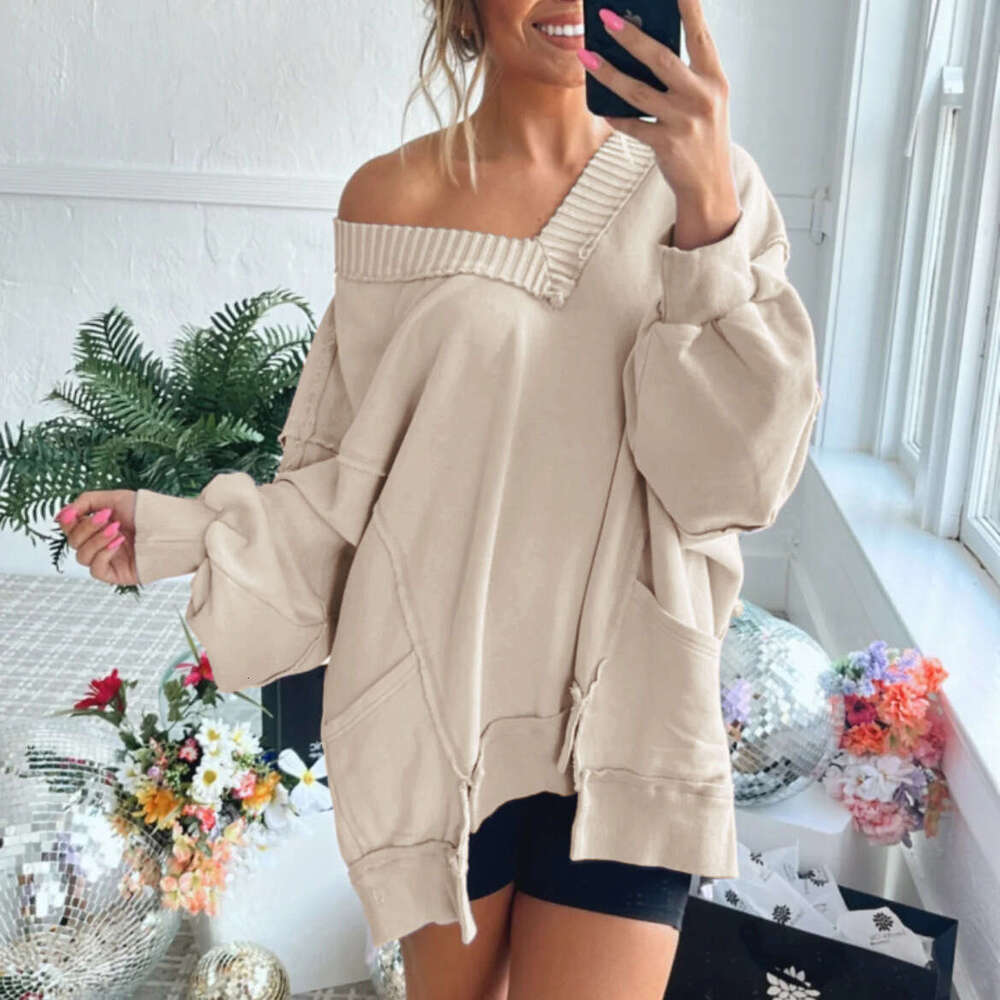 Fashion Early Autumn Women's Clothing Lantern Loose V-neck Irregular Hem Design Long Sleeve Sweatshirt for Women