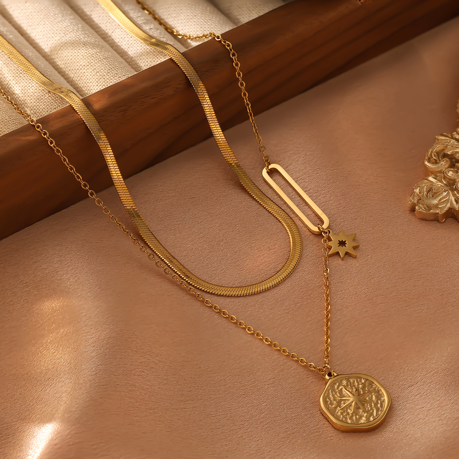 Hot Selling Stainless Double Layer Blade Snake Chain Bead Cross Necklace Fashion Titanium Steel