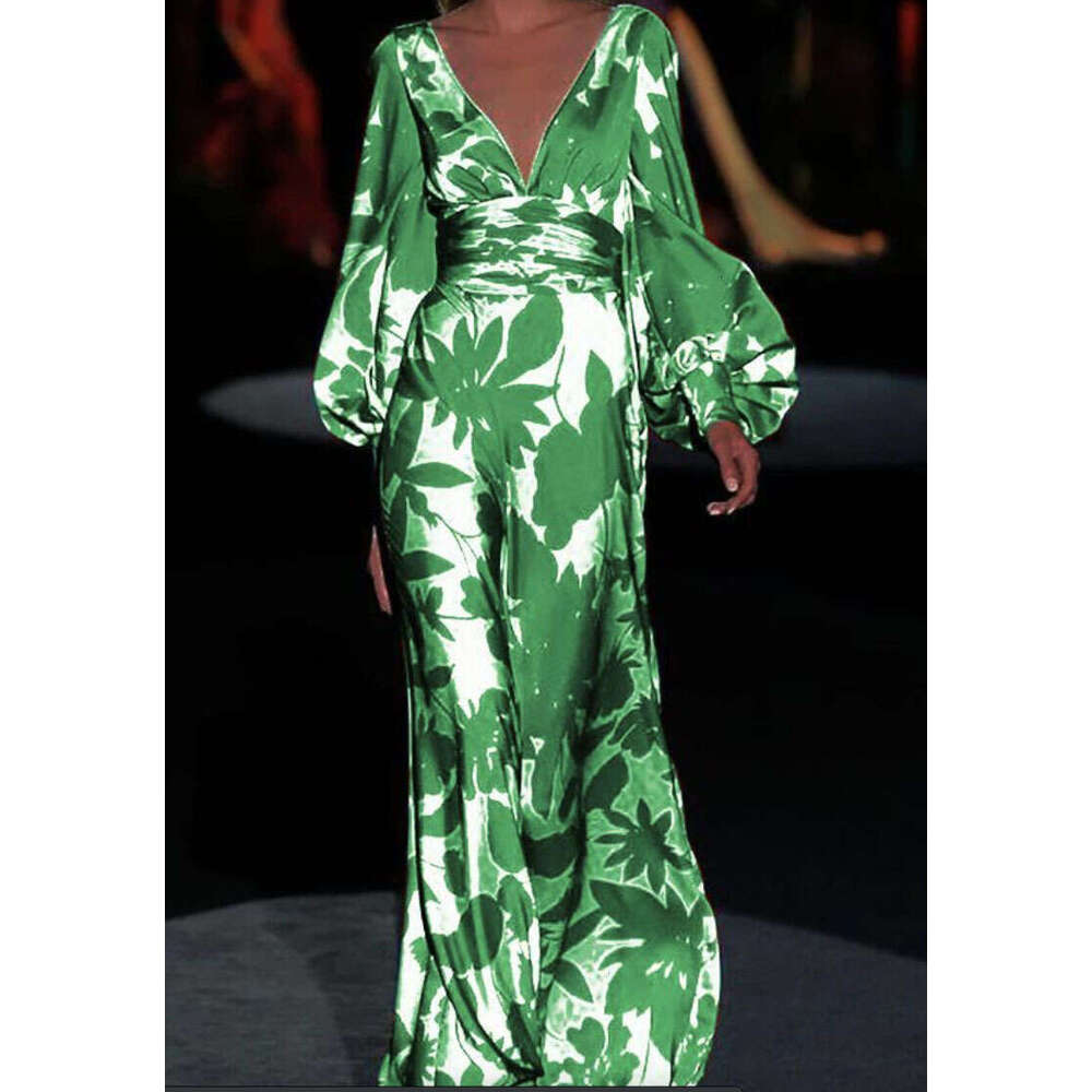 European and American Women's Slim fitting Lantern Sleeve Printed V-neck Long Dress 2025 New Casual Fashion Trendy Clothing