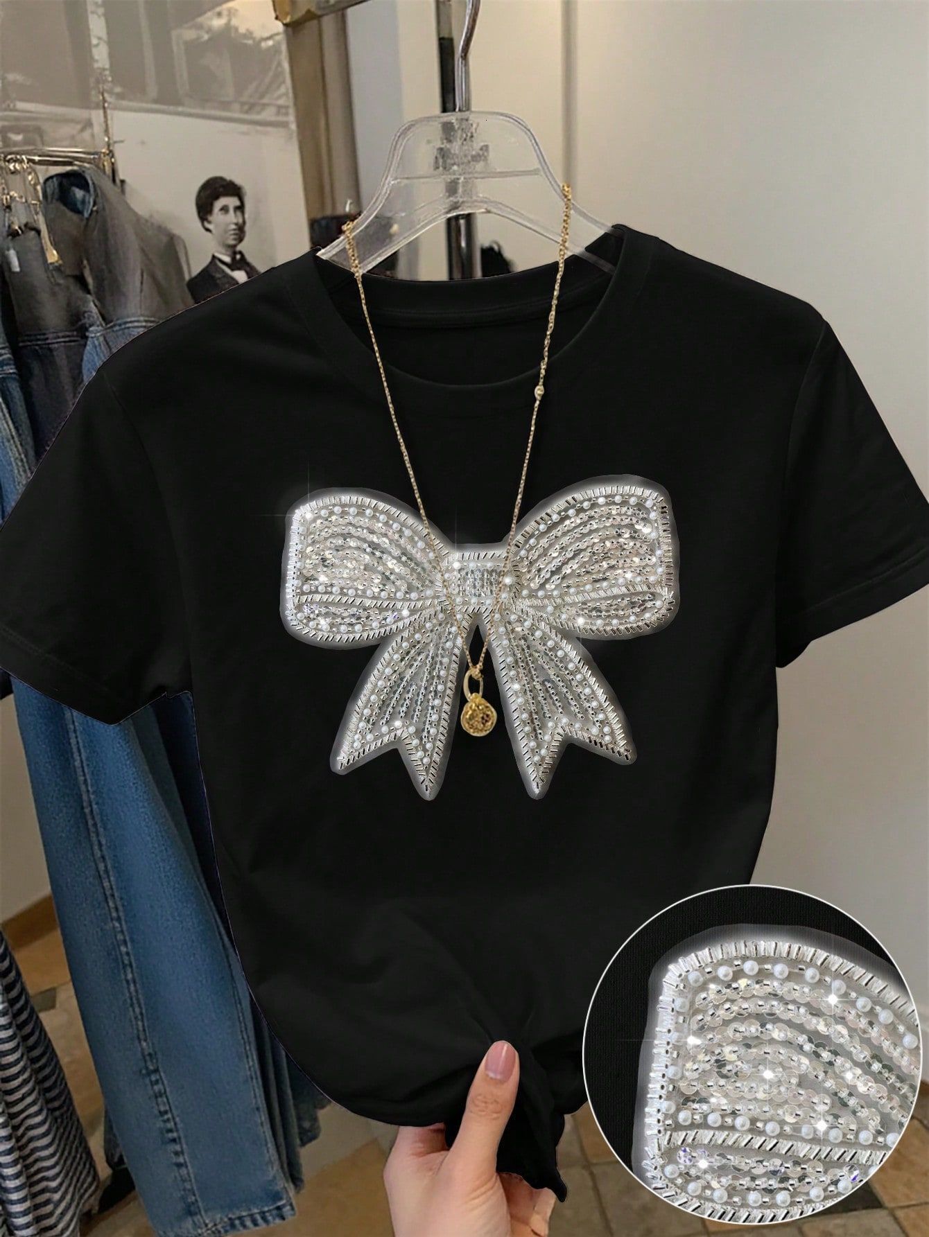 Designer T Shirt European And American Summer New Women S Fashion Cross Border Trade Casual Commuter Loose Round Neck Bow Print T Shirt Short Essentia