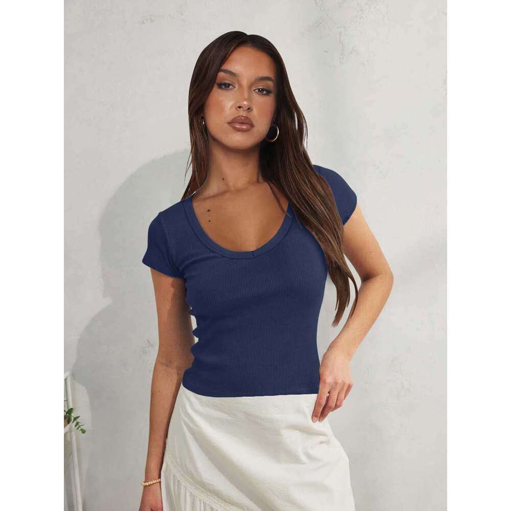 New Solid Color Slim Fit Cropped Sleeve Top Summer Short T-Shirt V-Neck Ribbed Knit Women's Clothing