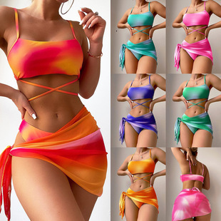Outdoor Summer Beach Sexy Women Free Shipping 2025 New Designer Shoes 2025 Tie Dye Women's Three Piece Set Mesh Skirt Split Bikini Swimsuit