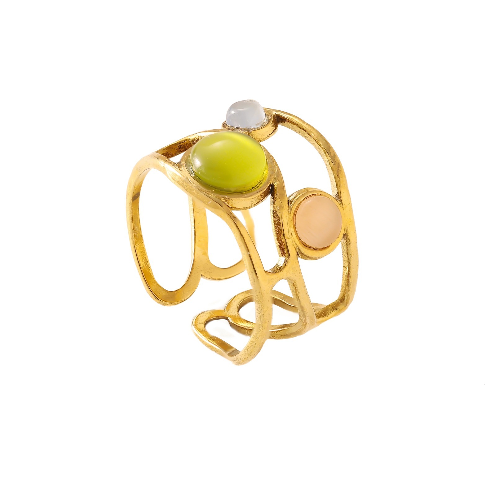 Fashionable and Elegant Design Personality Jewelry Stainless Steel Gold-Plated Green Open Ring