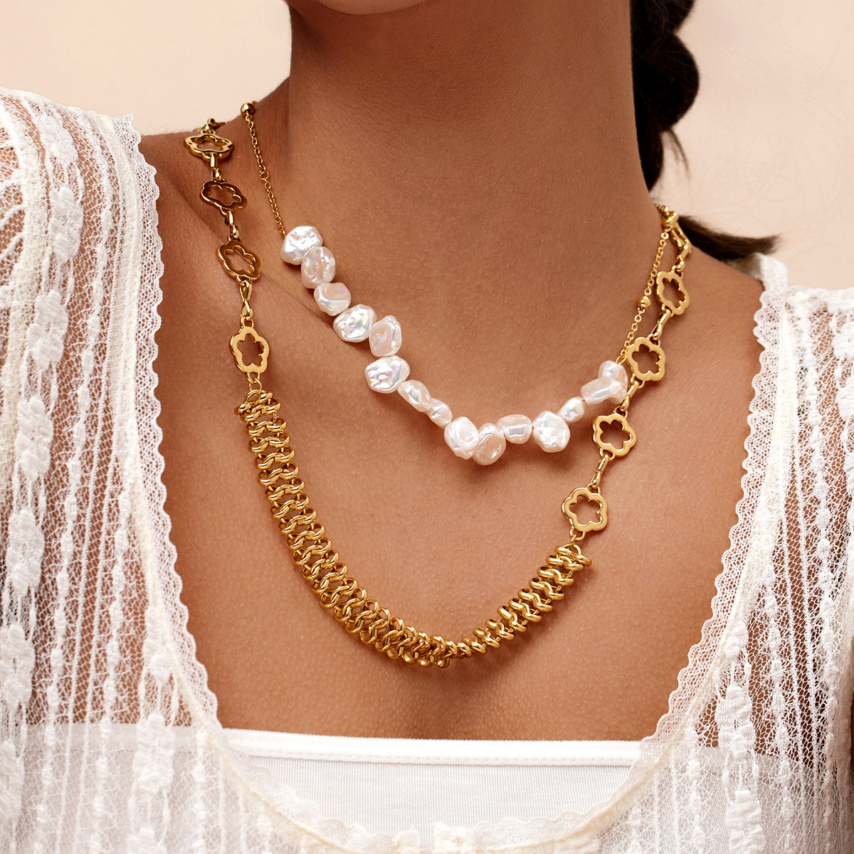 Imitation Pearl Splicing Necklace Women's Light Niche High-end Simple Elegant Collarbone Summer