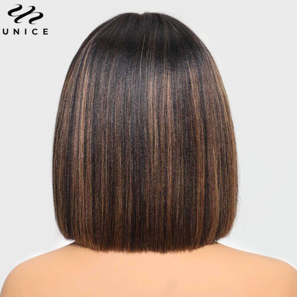 UNICE Yaki Straight Bob With Bangs Balayage Highlight Glueless Wigs Human Hair Ready To Wear 4x2 Lace Wig 150%