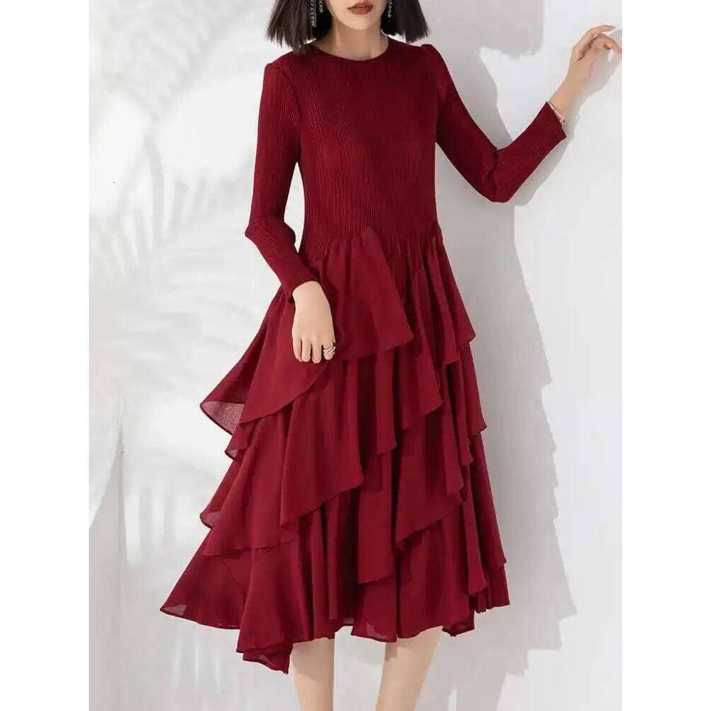 LANMREM Elegant Pleated Dress For Women Round Neck Long Sleeves Ruffles A-Line Dresses Fashion 2025 Spring New 32C2026