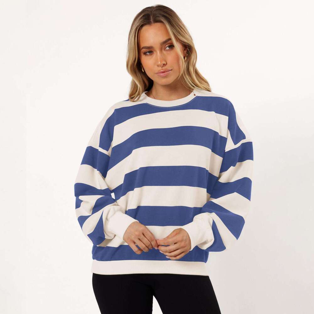 Hot-Selling Trendy Loose Fit Cool Striped Crew Neck Lantern Sleeve Women's Sweatshirt for Autumn and Winter