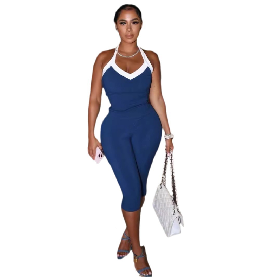 Designer T Shirt Summer European And American New Fashion Elastic Color Block Halter Vest Top Tight Fitting Mid Length Pants Set For Women Essentials 
