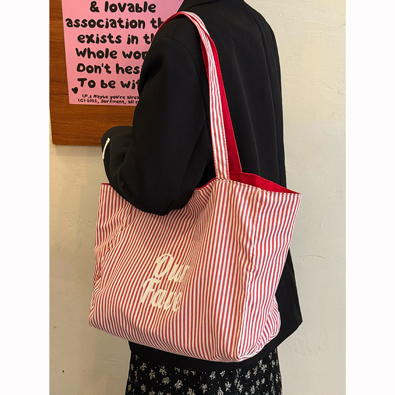 designer Red Reversible Striped Canvas Bag for Women Korean Style Tote Bag Casual Lazy Style Large Capacity Nylon Shopping Bag