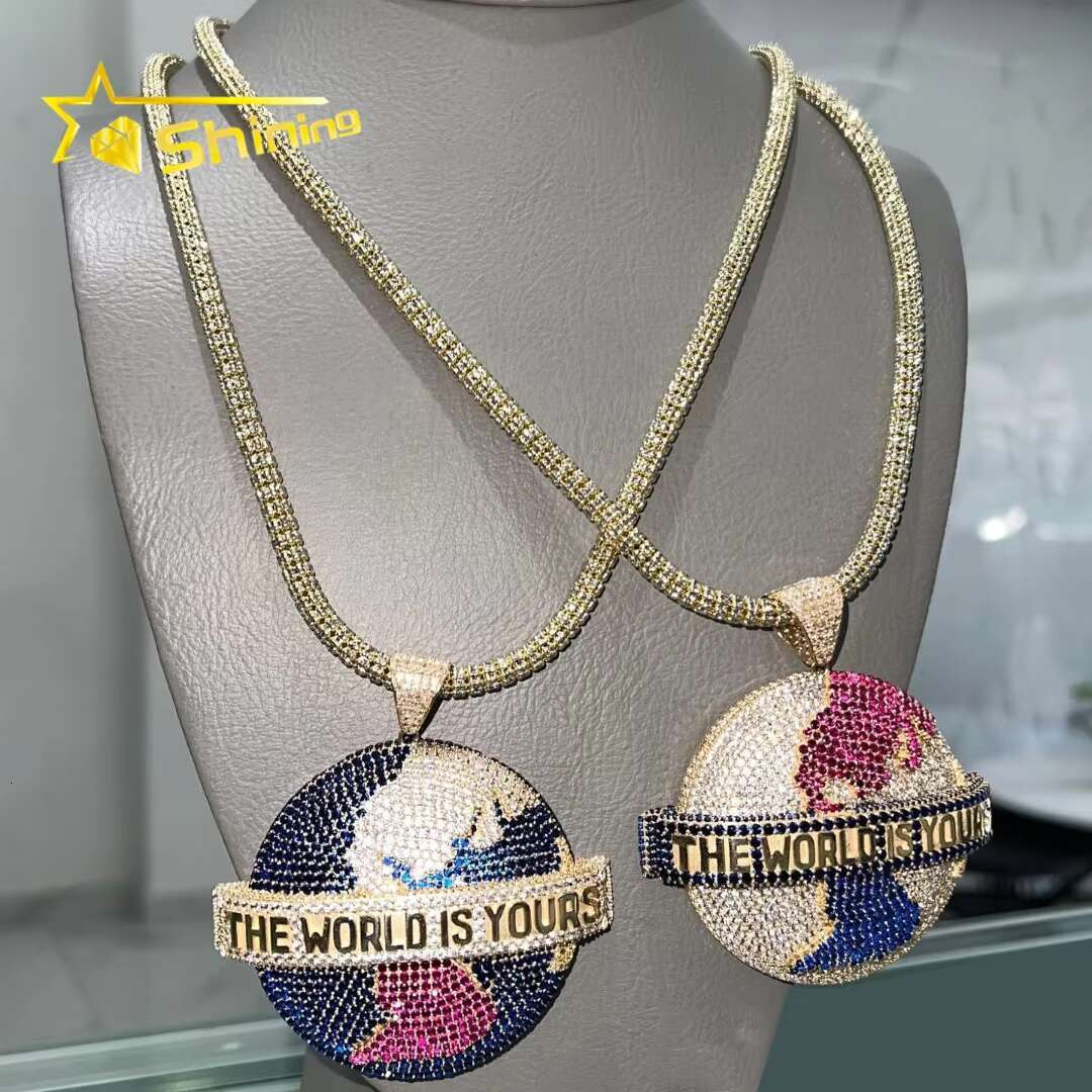 Hip Hop Rapper Jewelry 925 Sterling Silver Custom Colorful 3D Earth Pendant Hip Hop Iced Out VVS Moissanite Diamond Pendant Mens