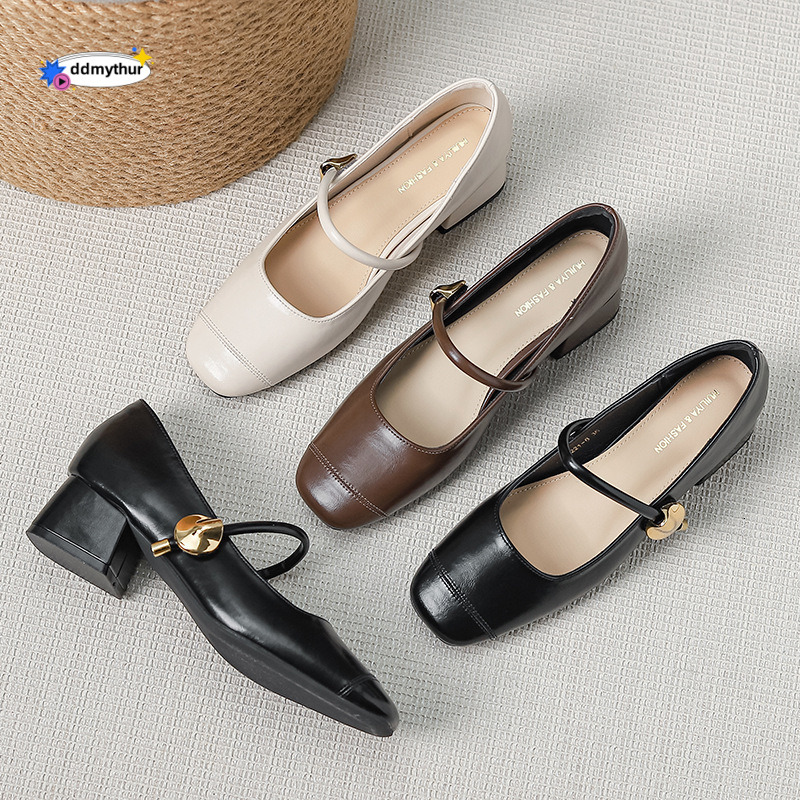 Hui Liya High Heels for Women New Style One-Strap Thick Heel Mid-Heel Square Toe Shallow Mouth Single Mary Jane Women's Shoes W221-8 ddmythur
