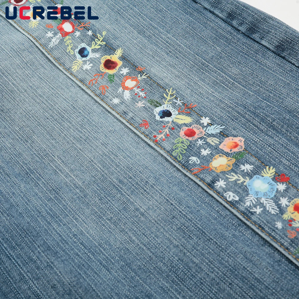 Flower Print Spliced Denim Shorts Mens Retro High Street Washed Distressed Loose Wide Leg Pocket Jeans Cropped Trousers Men 250528