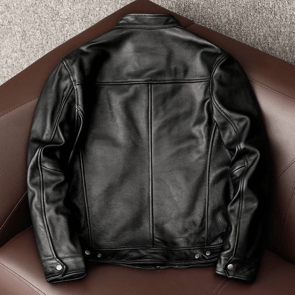 New Trendy Pure Top Layer Soft Cowhide Genuine Men's Slim-Fit Stand-Up Collar Leather Jacket Coat