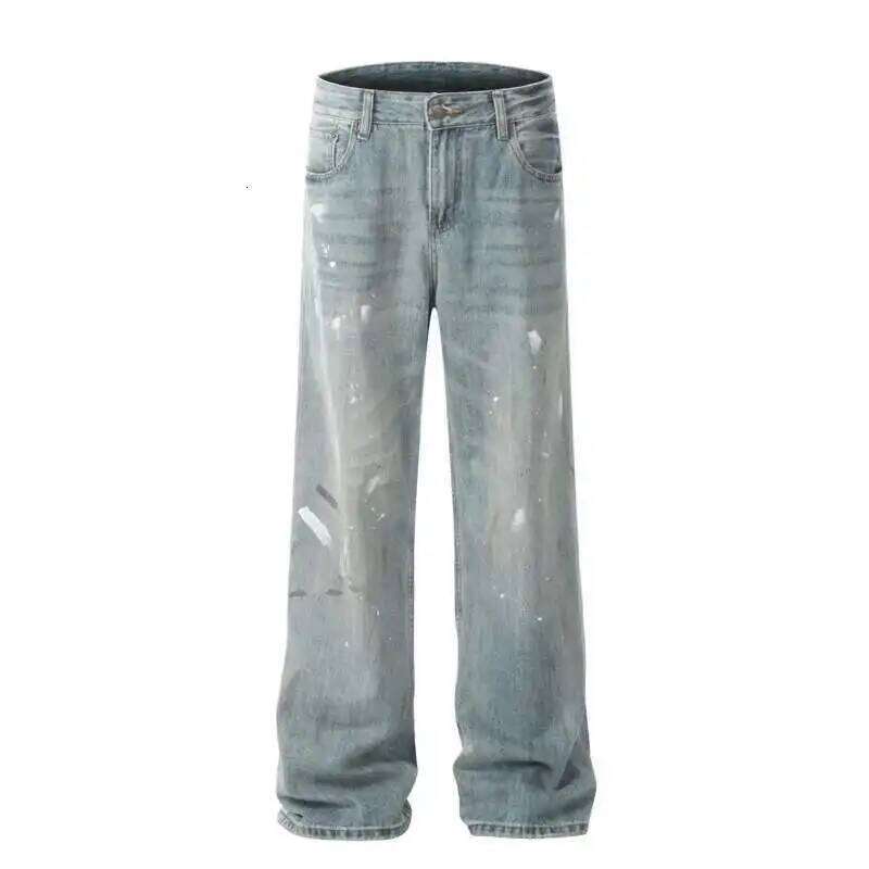 IEFB American Style Men's Denim Pants Splashed Ink Washed Jeans Contrast Color Straight Wide Leg Casual Male Trousers New 9W669