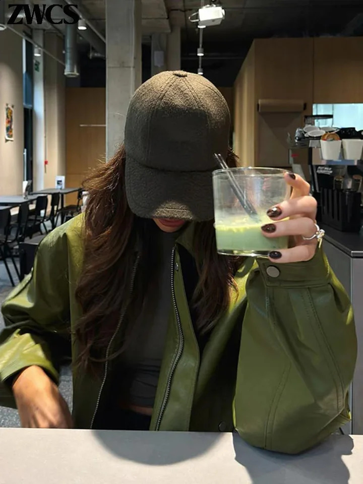 Fashion Green PU Leather Jacket Women Laple Zipper Loose Full Sleeve Single Breasted Cropped Coat 2024 Lady Solid Streetwear 250521