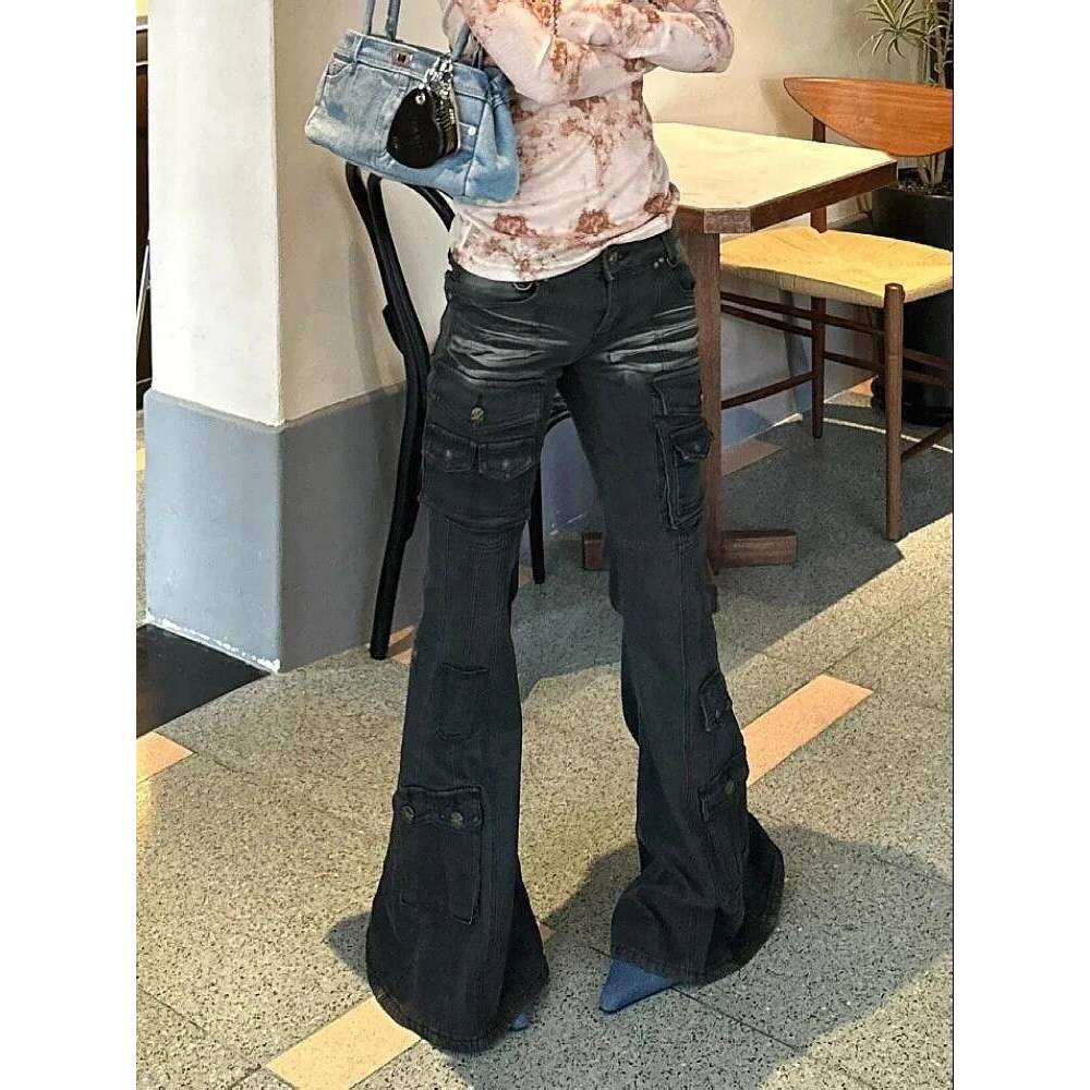 2025 Cyber Y2k Streetwear Vintage Black Slim Flare Cargo Jeans Pants Women Clothing Multi Pockets Lady Trousers Pantalon Femme