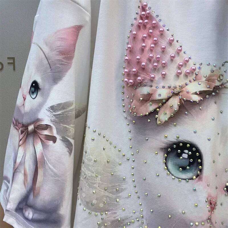 2024 Fashion Printed T Shirts for Women Summer Clothes Casual Cartoon Pattern Hot Dias Beading Female Short Sleeve Tops Tee