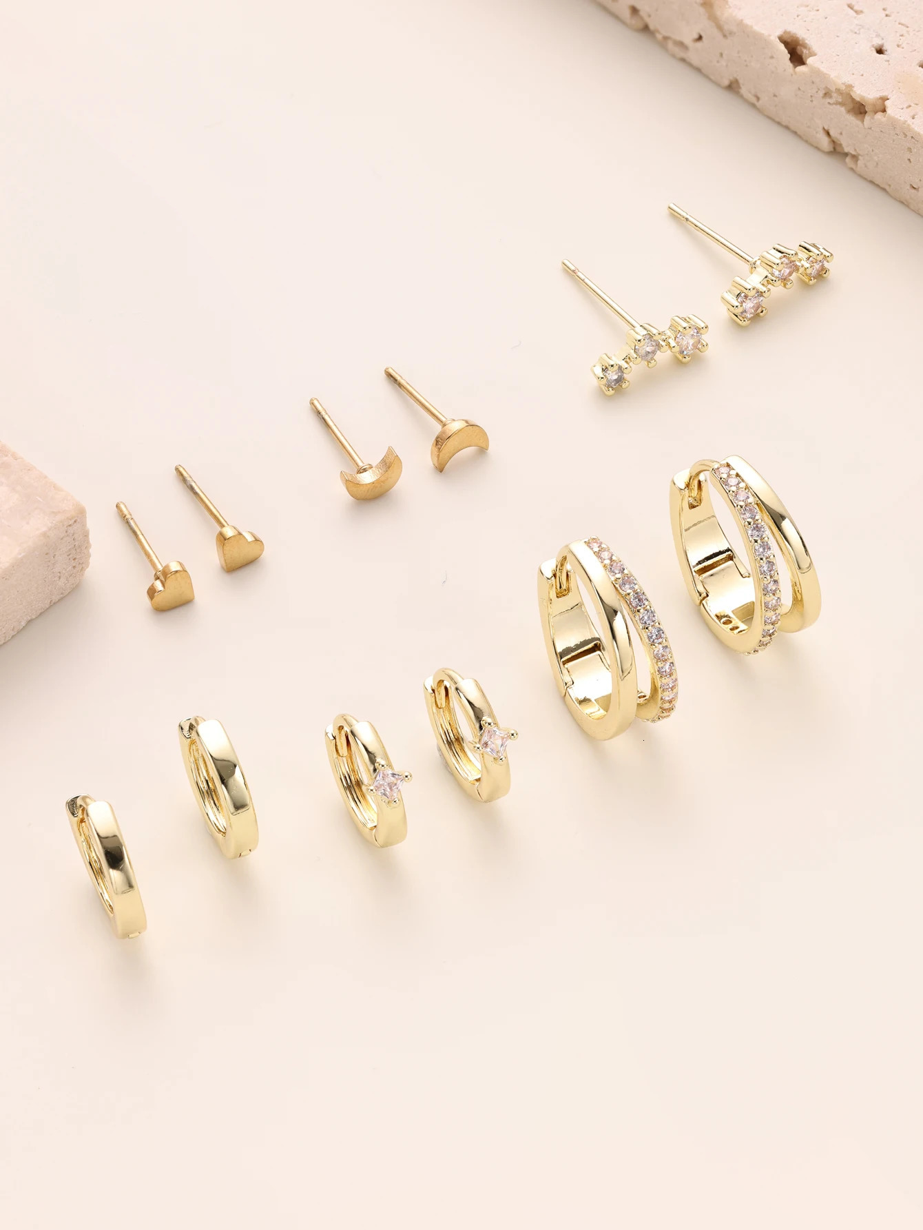 6 Pairs Small Gold Hoop Stud Earrings Set for Somen 14K Gold Plated Huggie Hoop Earrings Double Hoop Earrings CZ Stud Earrings 250526