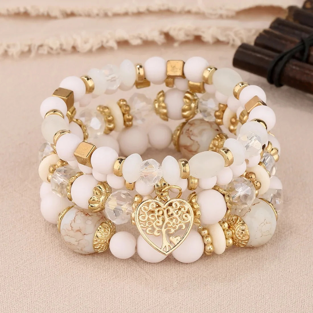 4Pcs Tree of Life Heart Bracelet Set For Women Acrylic Glass Beads Chain Elastic Bangle Female Fashion Party Jewelry 250528