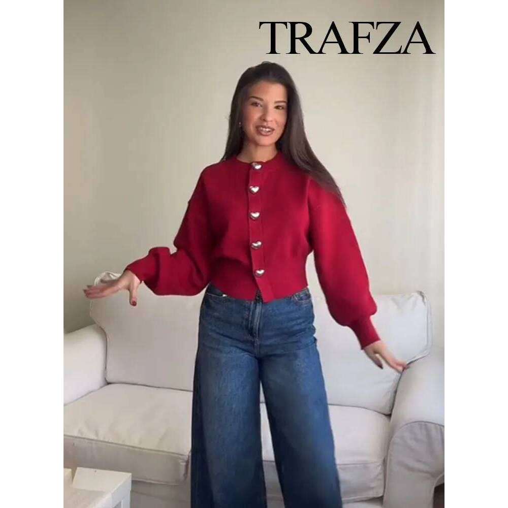 TRAFZA Women Fashion Solid Tops Heart-Shaped Buttons Cardigans Female Spring Casual Long Sleeve O-Neck Knitting Sweaters Coats