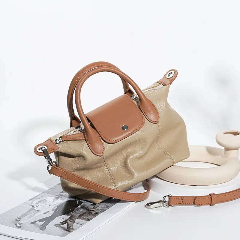New top layer cowhide fashionable dumpling bag high-quality leather with contrasting colors large capacity handbag for women