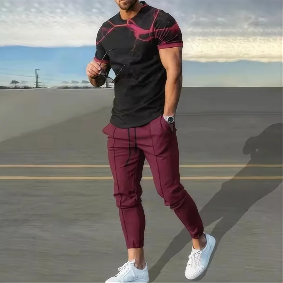 Summer mens Tshirt pants sportswear geometric 3D printed set 2piece street wear oversized suit 250530