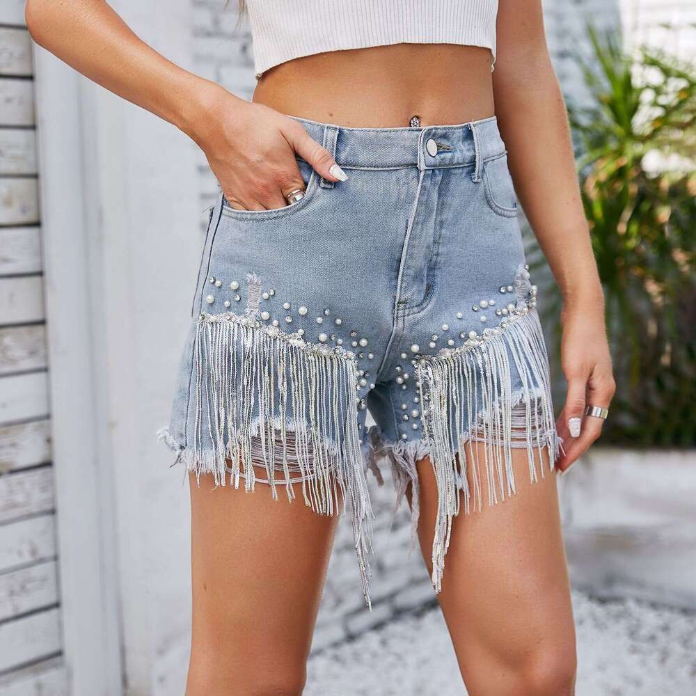 Denim Shorts Jeans Shorts Summer New Washed Rhinestone Beaded Denim Shorts With Fringes Hot Pants Ripped Short Jeans