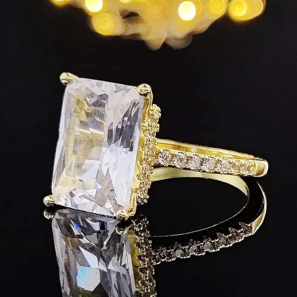 Womens 18k Gold Square Moissanite Ring Baguette-shaped 18K Diamond Set Trendy Rhodium Wedding Engagement Anniversary Party Gift