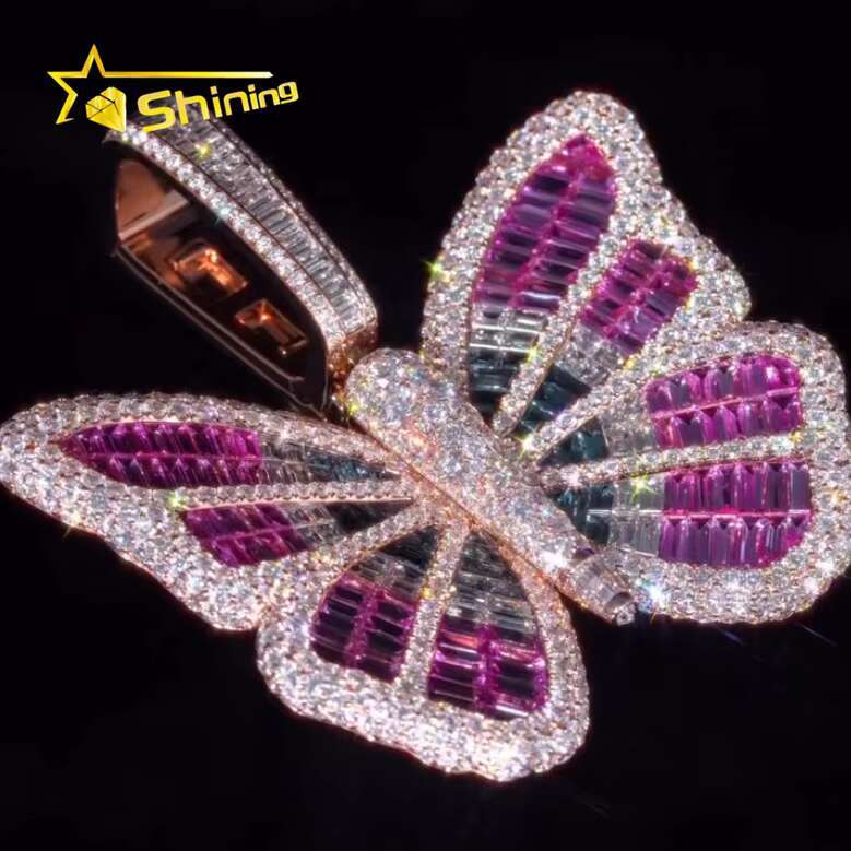 Custom Butterfly S925 Silver Pass Diamond Tester Iced Out Colored Moissanite Lab Grown Diamond Fine Jewelry Charm Pendant
