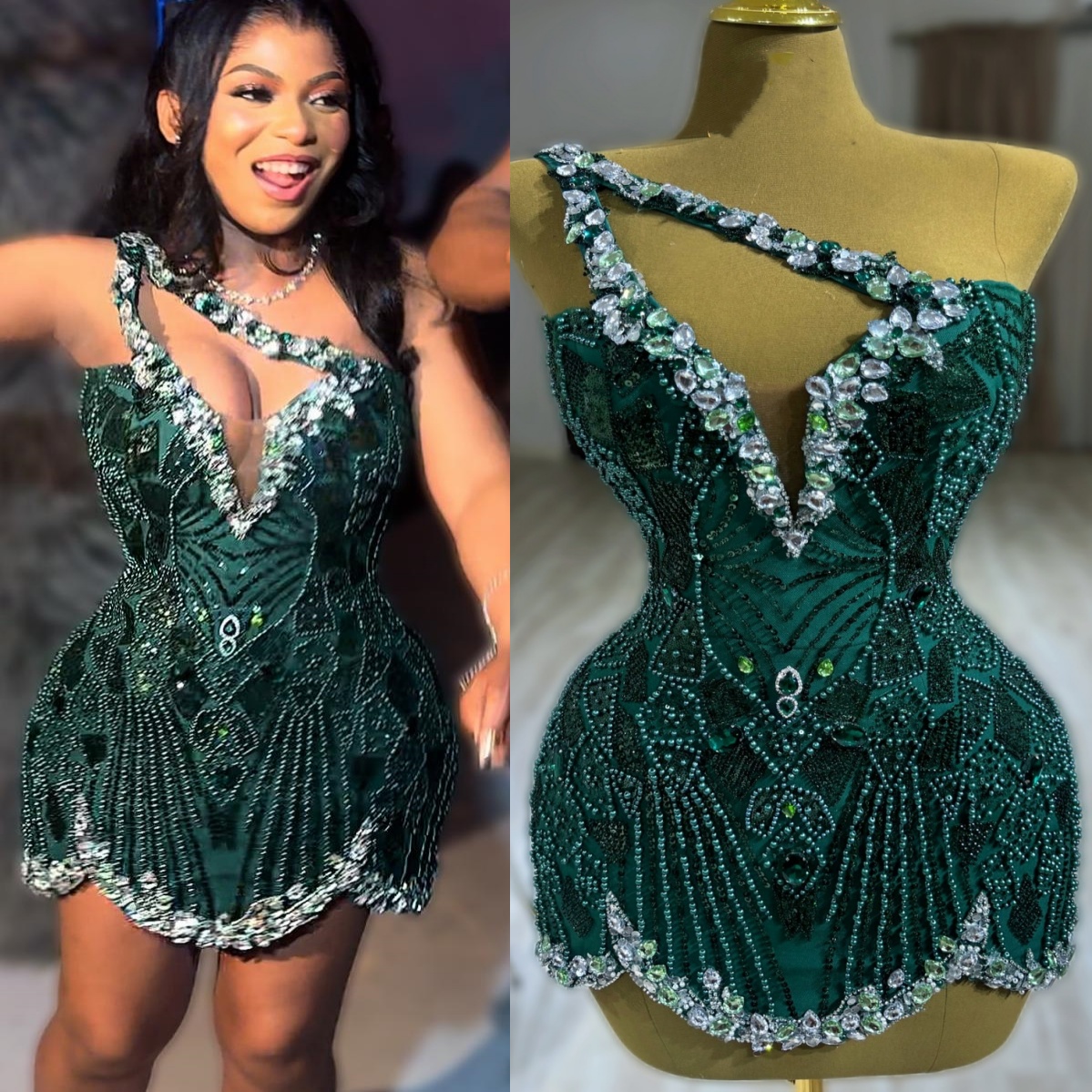 Dark Green Sheath Cocktail Dress One Shoulder Crystals Sequined Short Mini Graduation Homecoming Dresses For Special Occasions Sweetheart Gowns