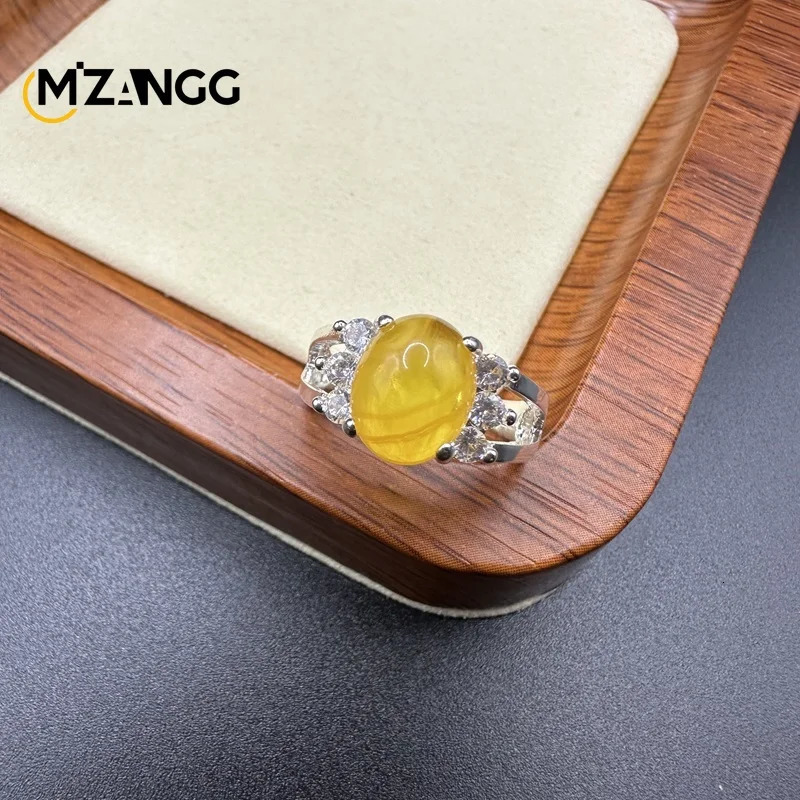 Natural Amber Silver Ring Adjustable Mens and Womens Fancy Blue Amber Ring Fashion Exquisite Gift Luck Mascot 250526