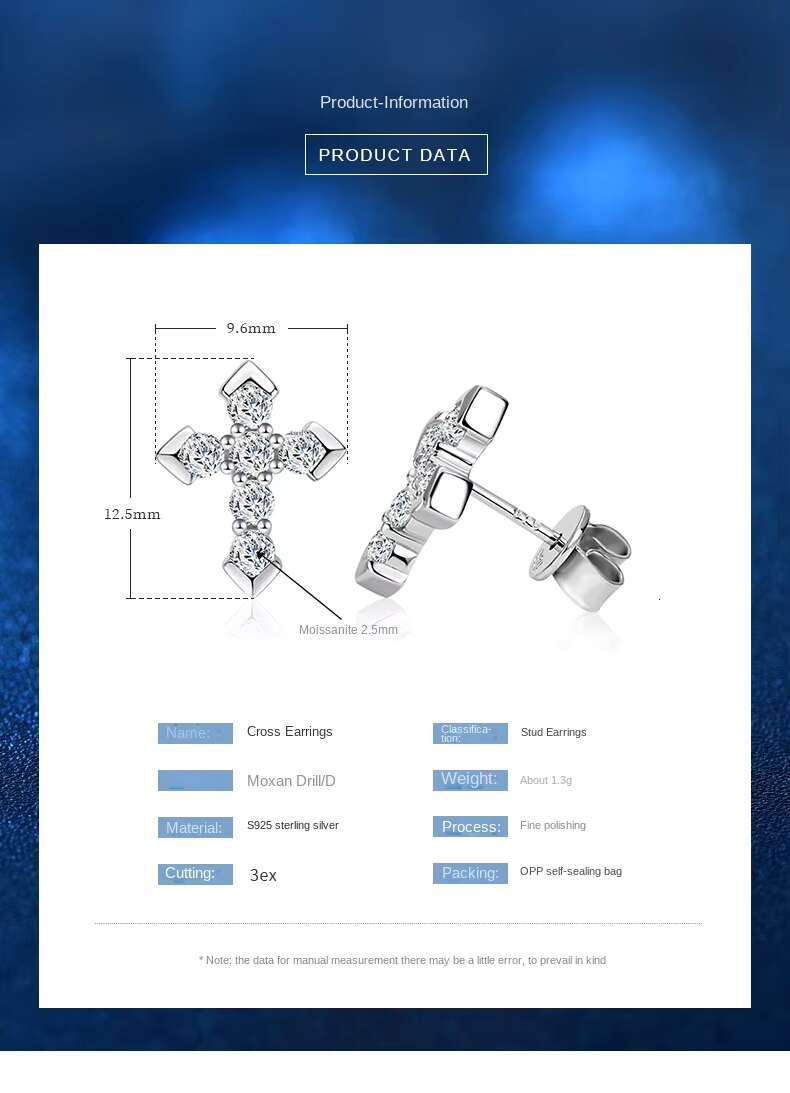 Luxury Silver Jewelry 925 Sterling 0.06carat Moissanite Cross Earrings for Girls