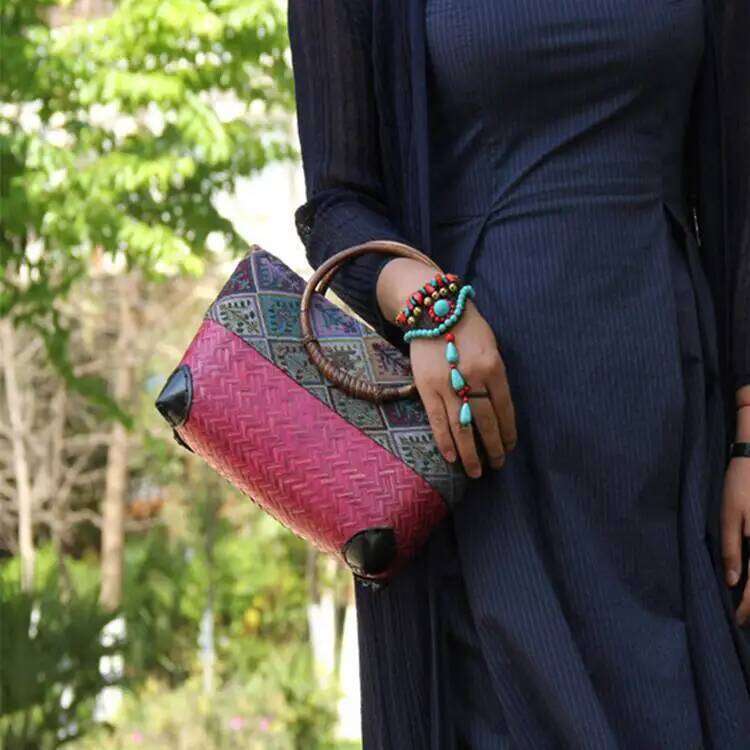 New retro Japanese handmade grass and bamboo bag designer large capacity women's storage woven rattan handbag
