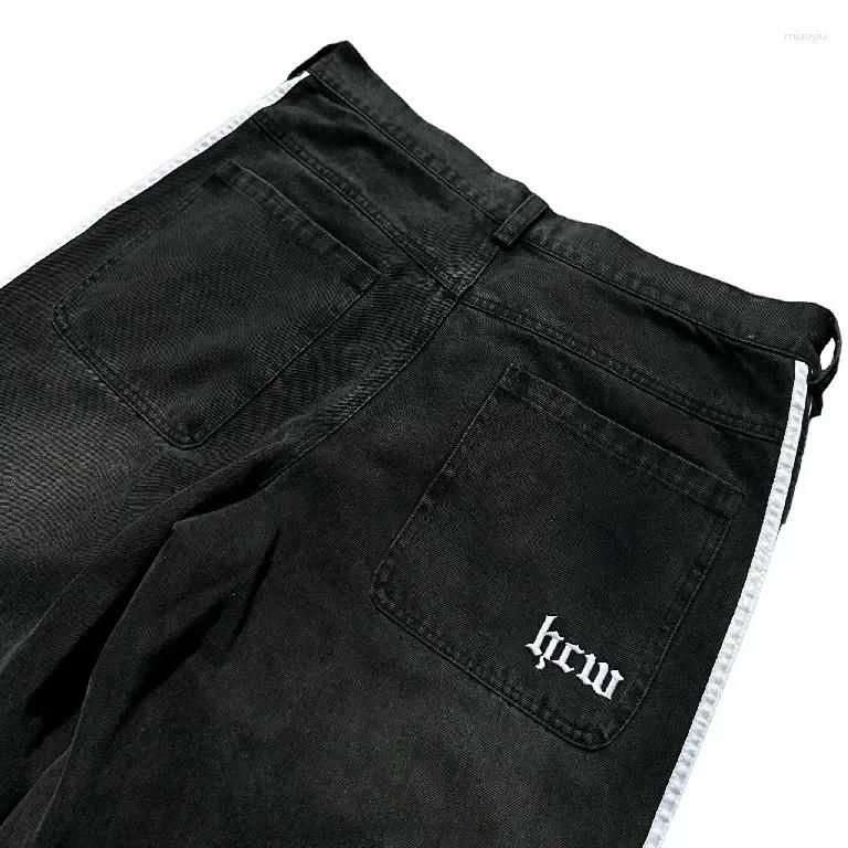 Men's Jeans Baggy Harajuku Goth For Men Black Striped Hip Hop Embroidered Wide Leg Denim Pants High Street Streetwear Z260315