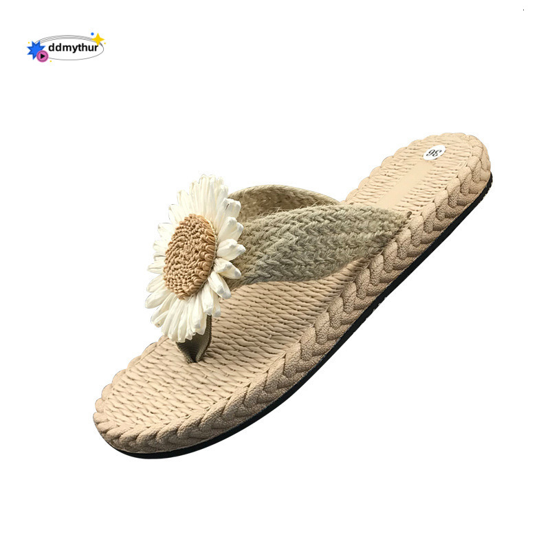 Flip-Flops Hemp Rope Straw Woven Shoes Summer New Outdoor Daisy Slippers Women Flat Low Heel Slip-On ddmythur