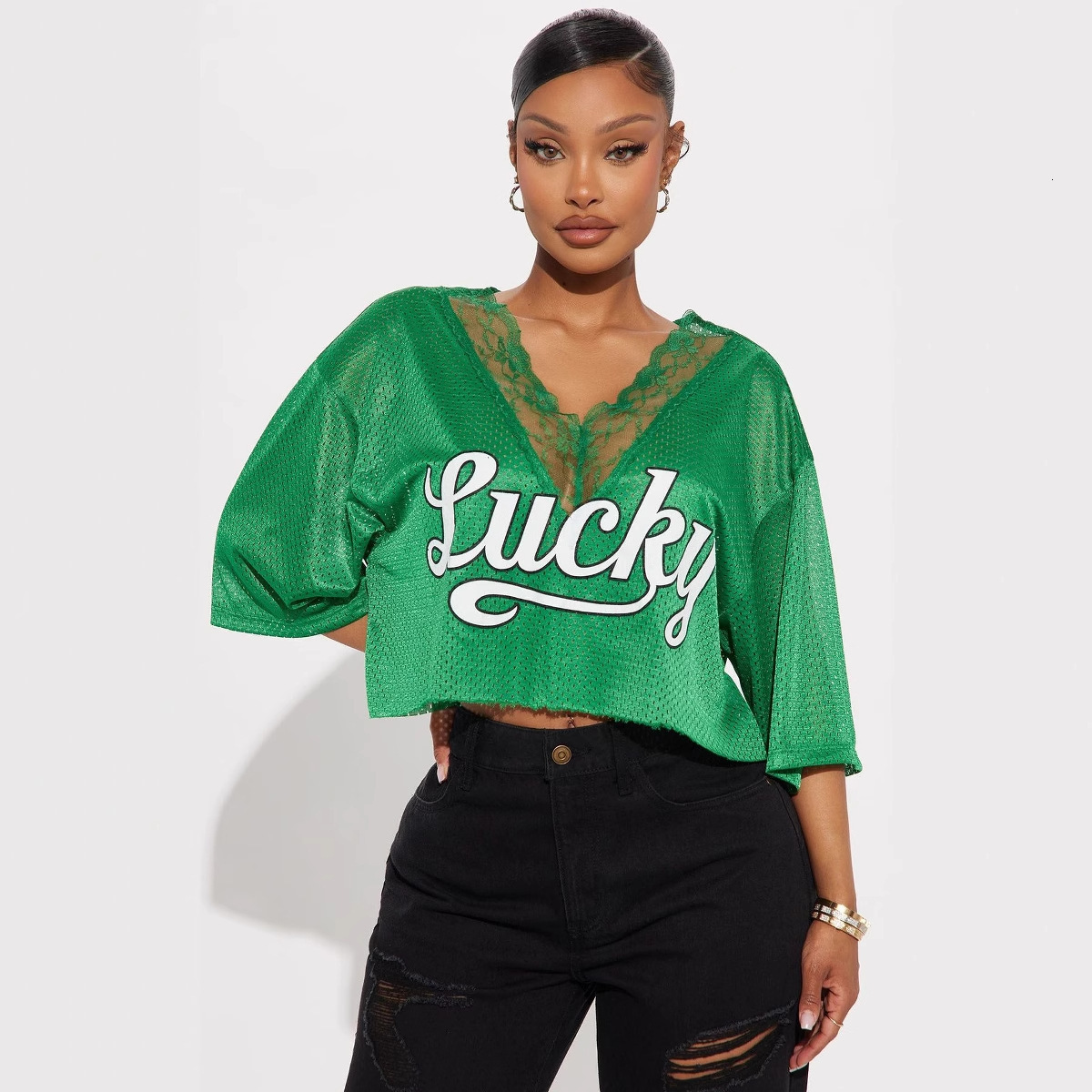 Designer T Shirt Summer New European And American Fashion Retro Street Letter Print Loose V Neck Lace Patchwork Short Sleeve T Shirt Essentials Summer
