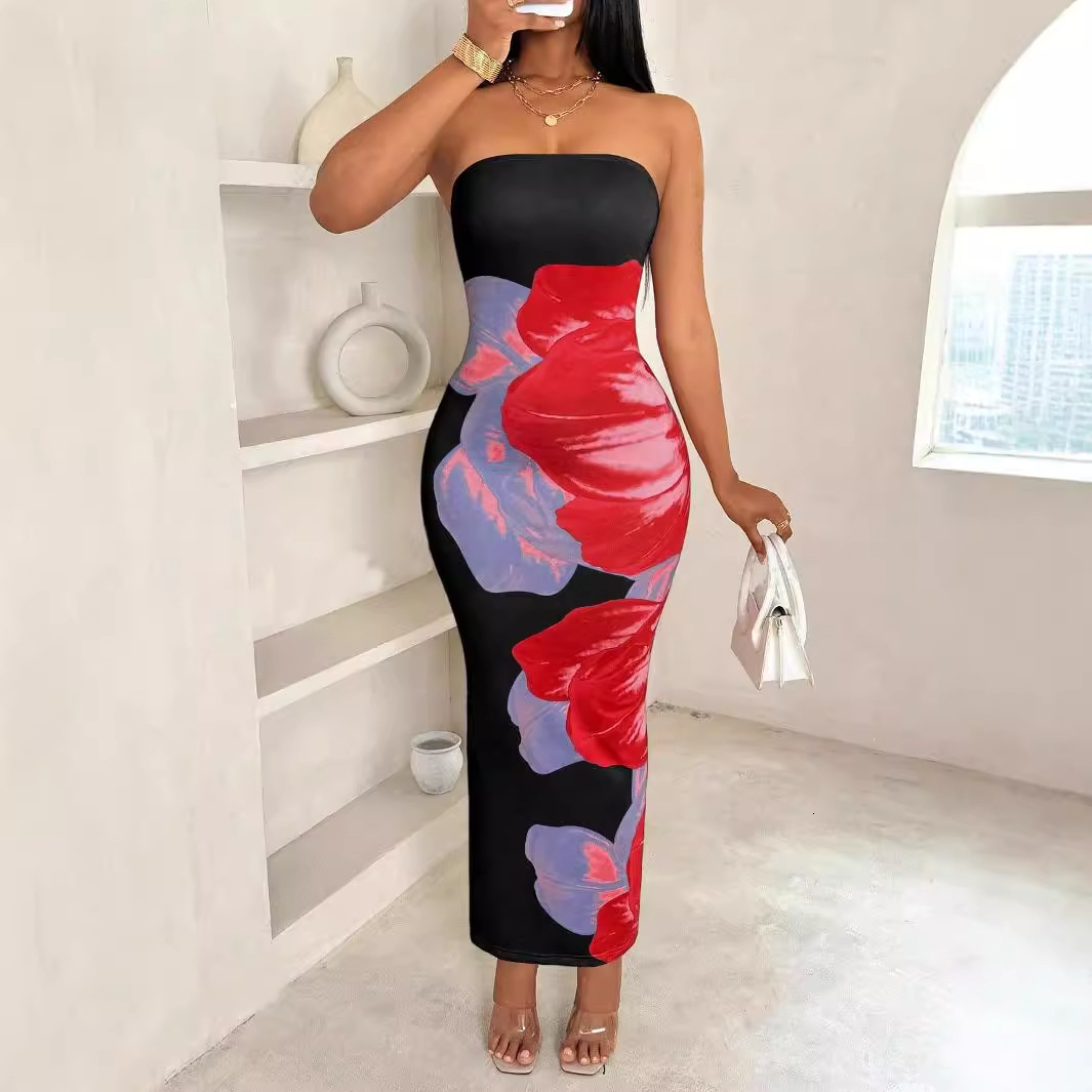 Designer T Shirt New European And American Cross Border Shein Women S Slim Fit Off Shoulder Color Block Floral Print Elegant Fashion Dress Essentials 