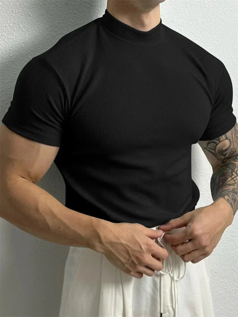 spring summer Elastic Comfortable Mens T-shirt Small high collar stripe shirt short sleeve fitness tops sports casual T-shirt 250530